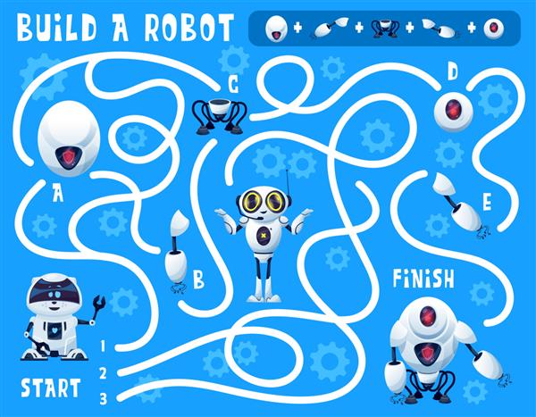 بازی کودکانه ساخت یک پیچ و خم روبات با ربات های هوش مصنوعی کارتونی و قطعات یدکی پازل آموزش برداری بازی یا معما راه درست را در پس زمینه با چرخ دنده ها و اندروید پیدا کنید