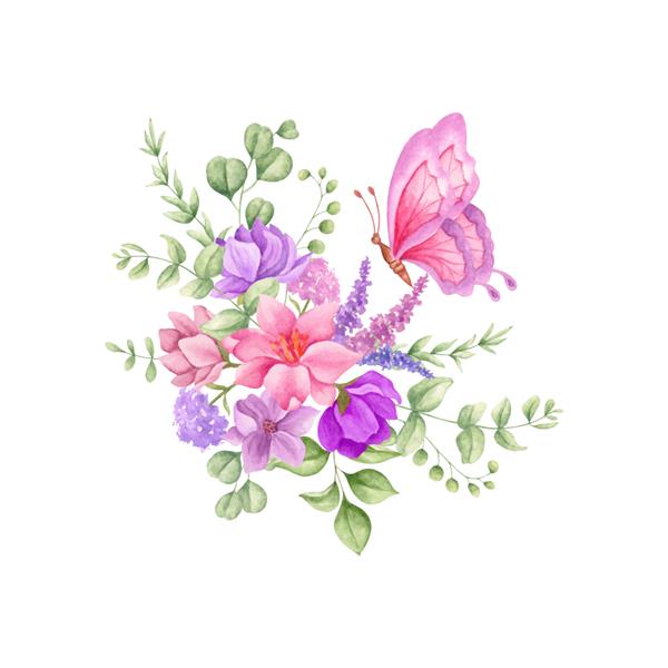 دسته گل تزئینی آبرنگی با پروانه برای کارت تبریک