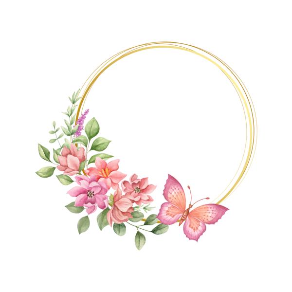 قاب گلدار آبرنگ به سبک زیبا با پروانه برای کارت تبریک یا مونوگرام عروسی