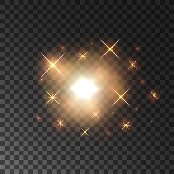 جرقه های نور ستاره طلایی درخشان ذرات درخشان و درخشان که در پس زمینه شفاف پراکنده می شوند