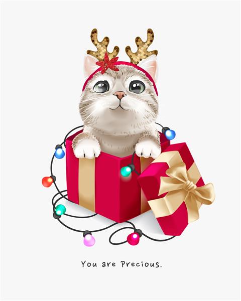 بچه گربه ناز با هدبند گوزن شمالی در جعبه کریسمس قرمز و تصویر نور رنگارنگ