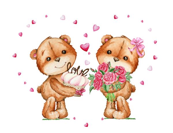 خرس هایی قهوه ای رنگ با دسته گل قرمز و کیک احاطه شده با قلب