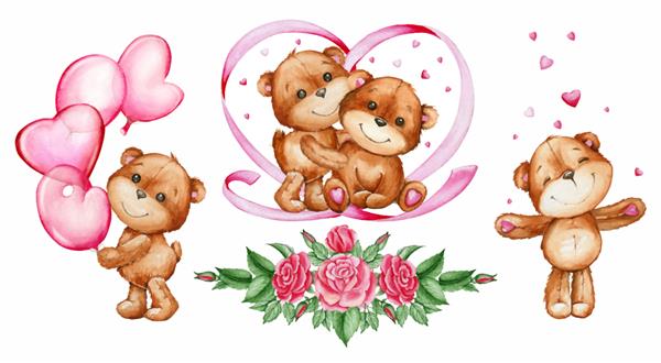 خرس قهوه ای یک قلب یک دسته گل رز قرمز مجموعه آبرنگ روز ولنتاین