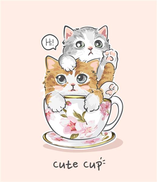 شعار فنجان زیبا با زوج گربه ناز در تصویر فنجان چای گلدار