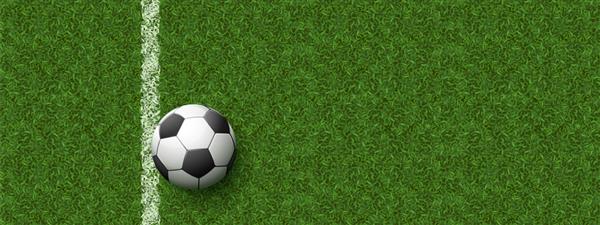 توپ فوتبال در زمین با چمن سبز و خط سفید وکتور پس زمینه واقع گرایانه با بافت سطح کف استادیوم زمین چمن برای فوتبال نمای بالای زمین بازی ورزشی