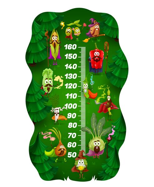 نمودار قد کودکان جادوگر کارتونی متر رشد سبزیجات وکتور اندازه گیری ترازو یا خط کش قد کودک با فلفل و گوجه فرنگی سیب زمینی نخود پیاز و ذرت جادوگر سبزیجات جادوگر با چوب جادویی