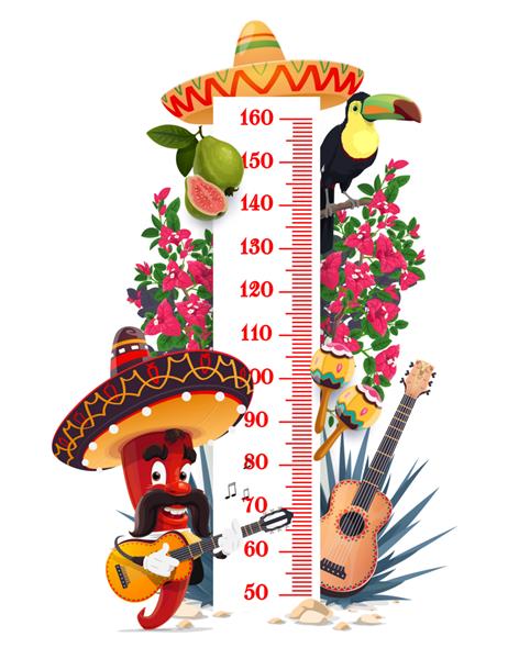 نمودار قد کودکان با ماریاچی مکزیکی و فلفل چیلی در سامبررو وکتور اندازه گیری رشد خط کش ترازو بچه با گیتار فیستا مکزیکی بوگنویل ماراکا و توکان در آگاو