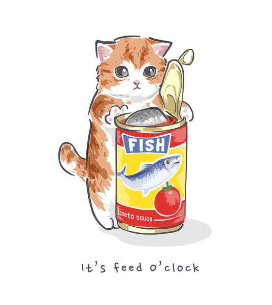 تصویر کارتونی بچه گربه ناز در حال باز کردن کنسرو ماهی