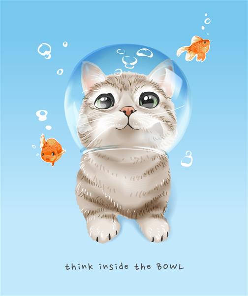 درون شعار کاسه با گربه ناز در کاسه ماهی و تصویر ماهی های طلایی فکر کنید