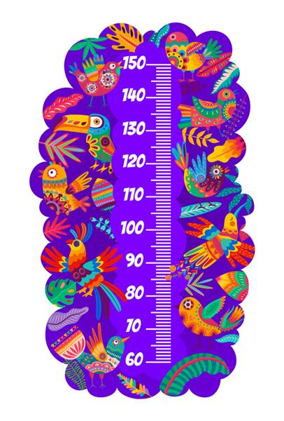 نمودار قد کودکان پرندگان alebrije روشن و مقیاس سنج رشد برچسب دیواری وکتور اندازه گیری قد کودکان با طوطی مکزیکی کارتونی توکان برگ های استوایی و زیور گل