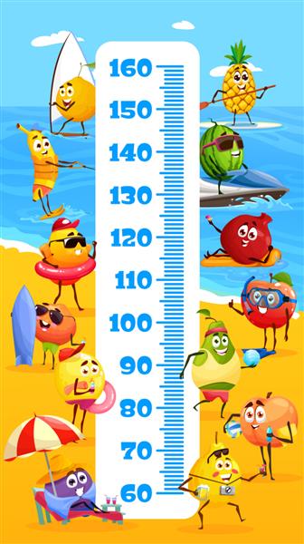 نمودار قد کودکان میوه های گرمسیری کارتونی در تعطیلات تابستانی وکتور مقیاس رشد سنج و شخصیت های خنده دار لیمو آناناس هندوانه و موز سیب انار آلو گلابی و هلو در ساحل