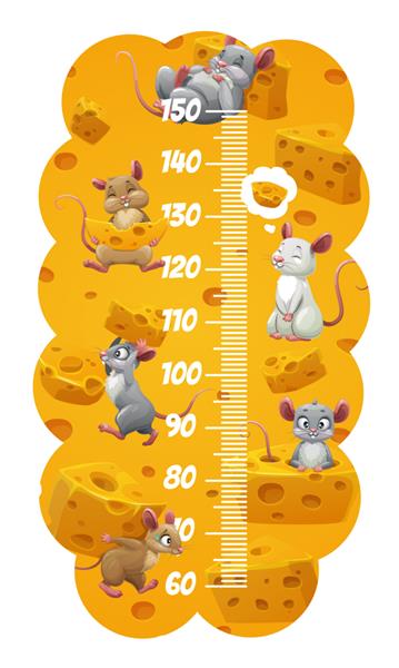 نمودار قد رشد کودکان خط کش موش های کارتونی و موش ها با پنیر اندازه گیری می کنند وکتور سنج اطفال برچسب دیواری برای اندازه گیری قد کودکان با شخصیت های جوندگان خنده دار پنیر و ترازو حمل می کنند