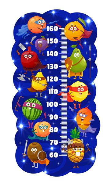 نمودار قد کودکان مدافعان میوه های کارتونی و شخصیت های ابرقهرمانی وکتور خط کش اندازه گیری رشد با کارتونی پرتقال و آناناس سیب و هلو کیوی آلو و هندوانه در شنل پاور