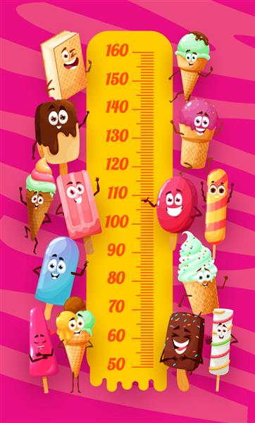 شخصیت های دسر بستنی در نمودار قد بچه ها اندازه گیری وکتور رشد کودک با ژلاتوی زیبای خندان بستنی بستنی بستنی و شربت آب یخ زده دسر اسکیمو و سوند در مخروط وافل