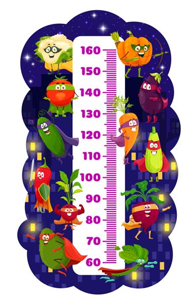 نمودار قد کودکان کارتونی سبزیجات ابرقهرمانان و مدافعان در شهر شبانه وکتور اندازه گیری رشد خط کش مقیاس با خیار گوجه فرنگی و هویج فلفل و اسفناج گل کلم و چغندر