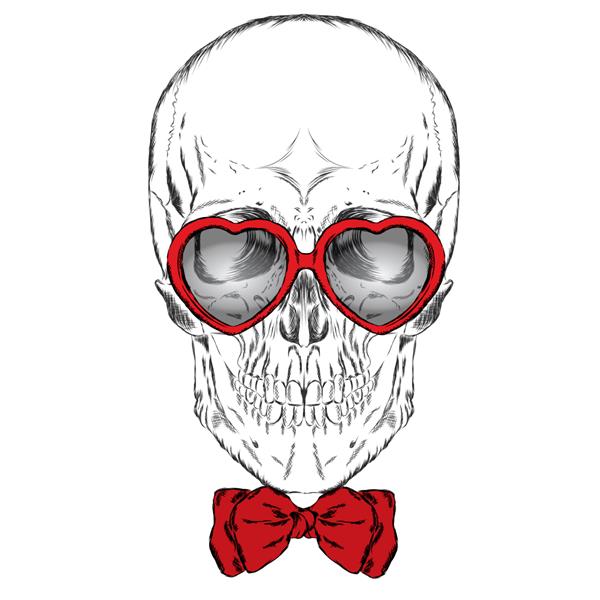 تصویر وکتور جمجمه با عینک و کراوات روز ولنتاین برای پوستر کارت تبریک