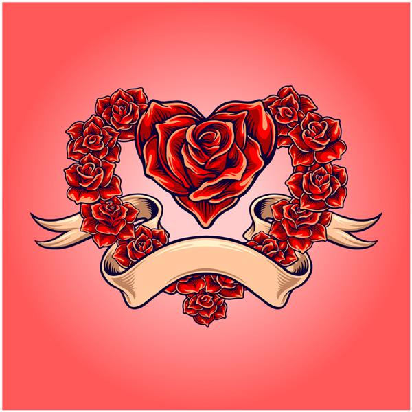 گل رز قرمز به شکل عشق شکوفه می دهد با تصاویر وکتور روبان قدیمی برای طلسم لوگوی کار شما