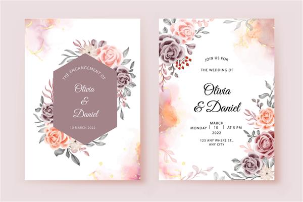 کارت دعوت عروسی با گل رز و برگ های زیبا
