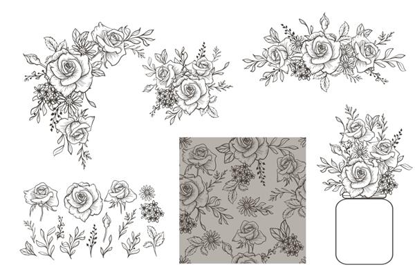 طرح‌بندی گل رز خطی طراحی‌شده با دست جدا شده و الگوی بدون درز