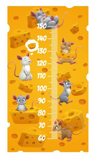 نمودار قد خط کش اندازه گیری رشد کودکان با موش های کارتونی و موش ها با پنیر نمودار قد کودک وکتور متر رشد با موش های خنده دار جوندگان مهدکودک مقیاس اندازه گیری قد کودکان