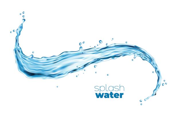 پاشش و جاری شدن موج شفاف آب با قطرات و حباب‌های جدا شده وکتور آبی مایع تمیز آبی یا جریان آب آشامیدنی شفاف جریان آب سه بعدی واقعی با سطح موج‌دار و قطرات