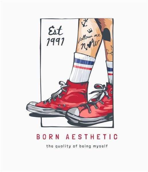شعار زیبایی شناسانه متولد شده با پاهای خالکوبی شده در تصویر کفش ورزشی قرمز