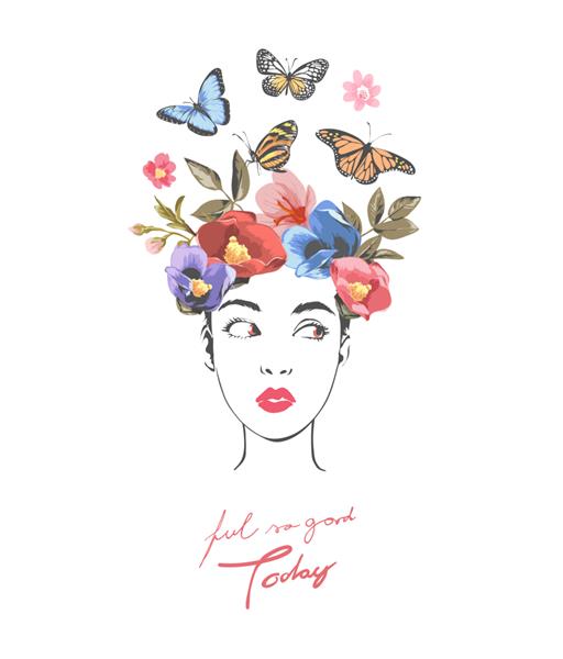 شعار خوب با دختر در تاج گلی رنگارنگ و تصویر پروانه ها احساس خوبی داشته باشید