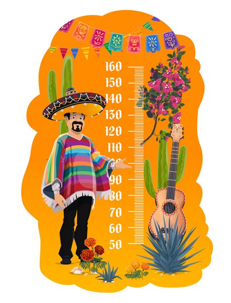 نمودار قد کودکان سنج رشد مرد مکزیکی با وکتور گیتار خط کش اندازه گیری با شخصیت کارتونی و ترازو برای اندازه گیری قد کودکان کاکتوس بوگنویل گل همیشه بهار و گیاه آگاو