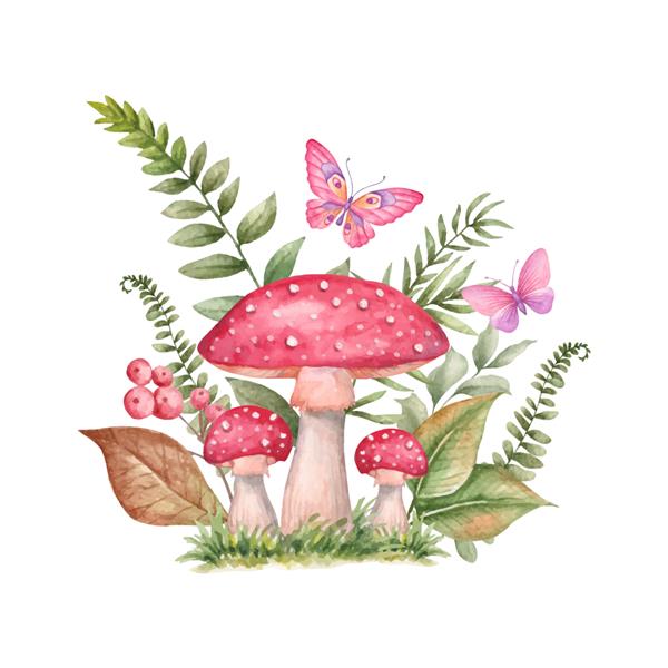 قارچ وحشی تزئینی دوست داشتنی با گل و پروانه