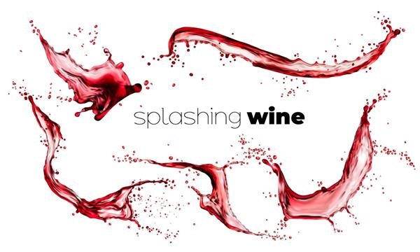 شراب قرمز جدا شده از شراب قرمز با قطرات نوشیدنی الکل مایع می چرخد امواج وکتور شفاف پاشش می چرخد عناصر حرکتی پویا آبی با قطرات اسپری نوشیدنی الکلی تبلیغاتی با طراحی سه بعدی واقع گرایانه