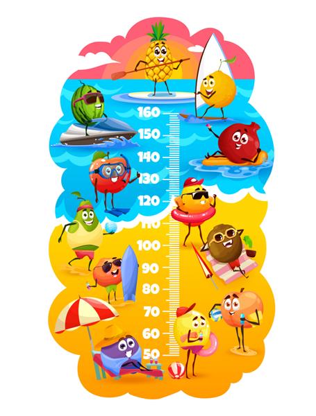 نمودار قد کودکان میوه های کارتونی روی ساحل وکتور رشد سنج خط کش مقیاس سنج کودکان با آناناس روی تخته موج سواری هندوانه روی اسکوتر کیوی و سیب لیمو و پرتقال هلو آلو و گارنت