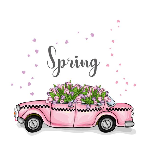 تصویر وکتور تاکسی و یک دسته گل لاله برای کارت تبریک یا پوستر گل های بهاری