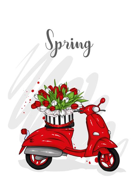 تصویر وکتور موپد و یک دسته گل لاله برای کارت تبریک یا پوستر گل های بهاری