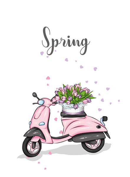 تصویر وکتور موپد و یک دسته گل لاله برای کارت تبریک یا پوستر گل های بهاری