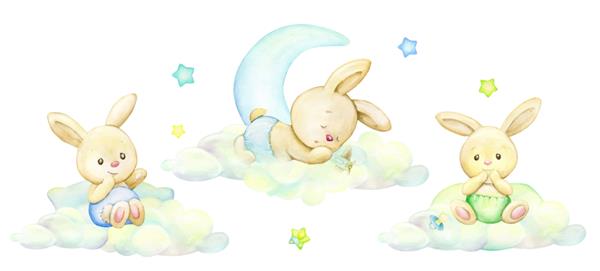 مجموعه کلیپ‌پارت‌های آبرنگ خرگوش‌های ناز ابرهای ماه با حیوانات به سبک کارتونی