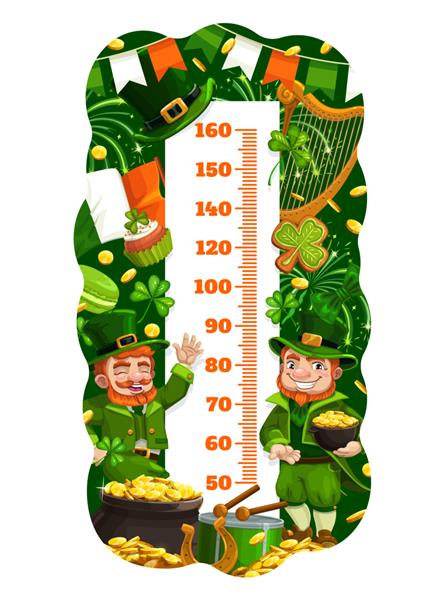 نمودار قد بچه‌ها با جذام‌های کارتونی و رشد وکتور طلا اندازه‌گیری قد بچه‌ها متری اندازه‌گیری قد کودک با پاتریک روز ایرلندی پاتریک روز ایرلندی سکه‌های طلا پرچم‌های ایرلند و آب نبات