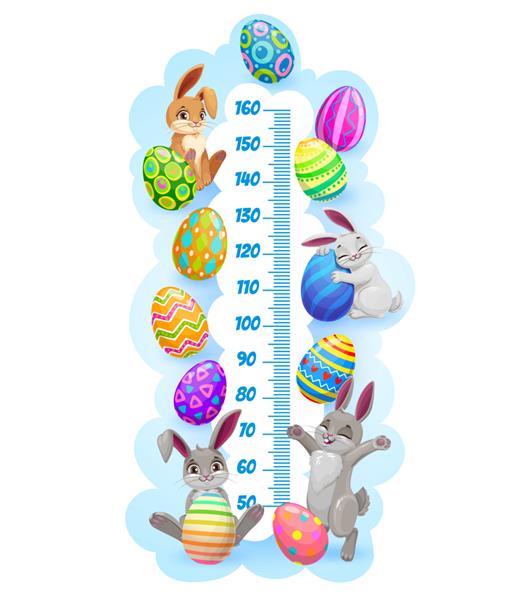 خرگوش‌های عید پاک و تخم‌مرغ بچه‌ها نمودار قد رشد اندازه‌گیری متر وکتور برچسب دیواری برای اندازه‌گیری قد کودکان با شخصیت‌های کارتونی خرگوش‌های زیبا تخم‌مرغ‌های رنگارنگ رنگ‌شده و مقیاس استادیوم‌تر