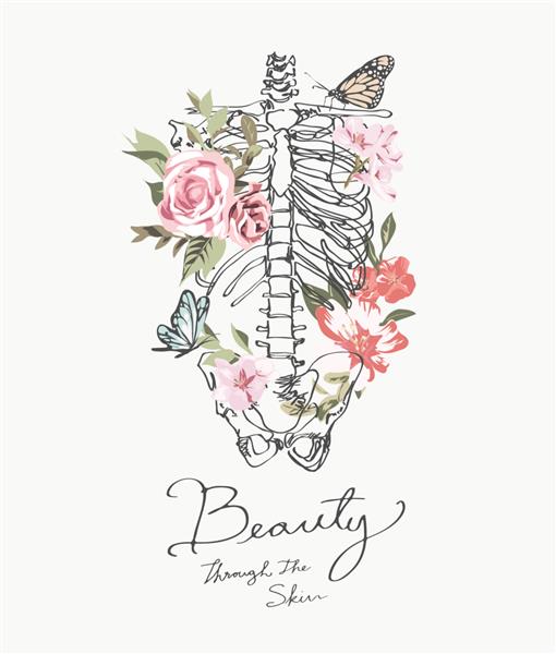 شعار زیبایی از طریق پوست با اسکلت طراحی شده با دست و تصویر گل های رنگارنگ
