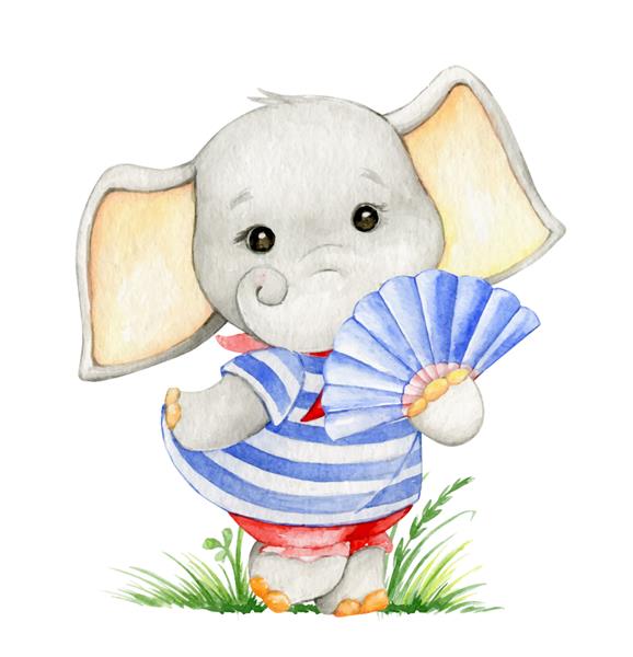 یک بچه فیل در لباس ملوان یک حیوان زیبا با نقاشی آبرنگ فن