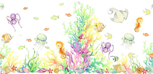 حیوانات دریایی اقیانوس دریا گیاهان در زیر آب الگوی بدون درز آبرنگ