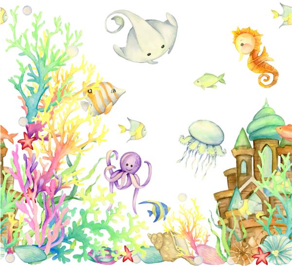 حیوانات دریایی اقیانوس دریا گیاهان در زیر آب الگوی بدون درز آبرنگ