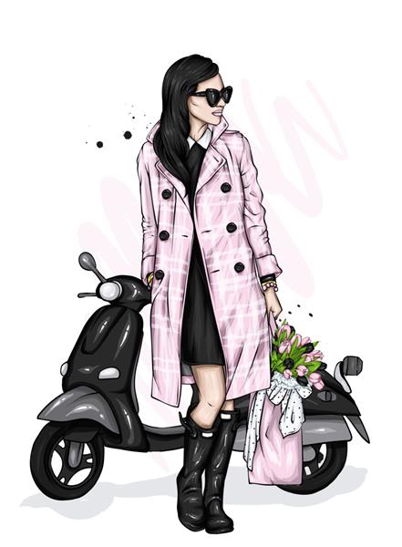 دختر زیبا روی یک موتورسیکلت سوار زن شیک با عینک و کفش پاشنه بلند