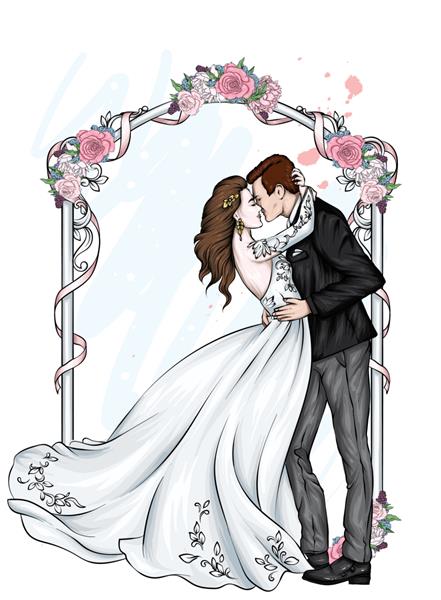 عروس با کت و شلوار و عروس با لباس عروس در نزدیکی تصویر وکتور طاق گل