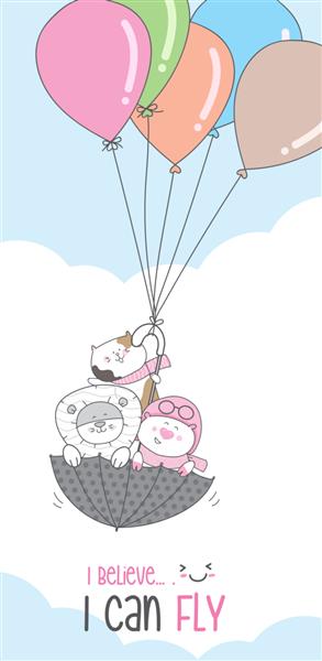 کارتون حیوانات شخصیت ناز در حال پرواز با بالون