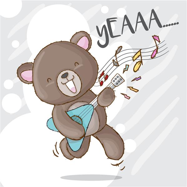 خرس ناز در حال نواختن گیتار راک با دست کشیده شده است