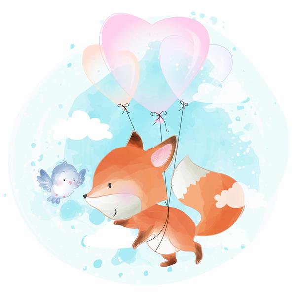 روباه کوچولوی ناز که با بالون عشق پرواز می کند