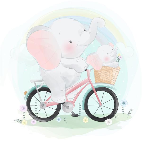 فیل ناز دوچرخه سواری با یک فیل کوچک