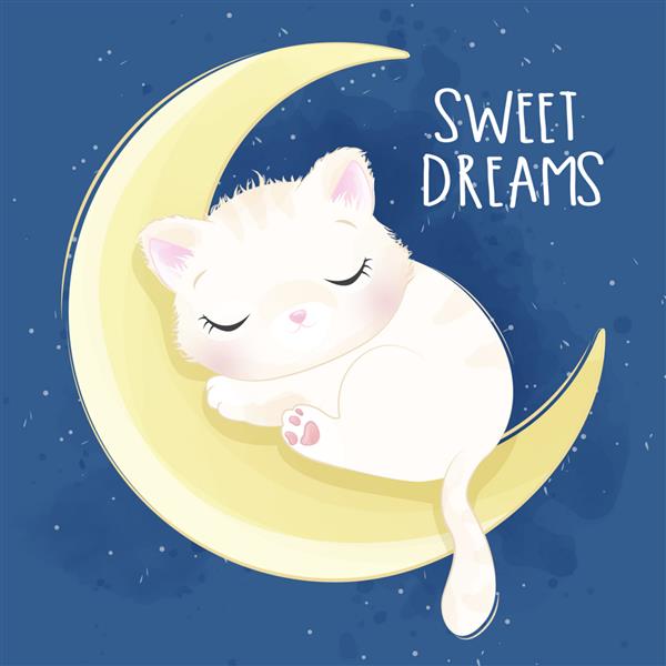 تصویر بچه گربه ناز که در ماه می خوابد
