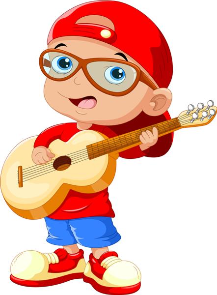کودک کوچکی با کلاه قرمزی و عینک آفتابی در حال نواختن گیتار