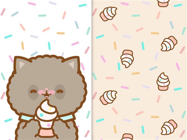 بچه گربه کاوائی ناز در حال خوردن یک کیک فنجانی و الگوی بدون درز